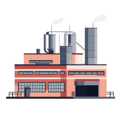 Naklejka premium Flat minimalist vector illustration of industrial factory building with storage tanks and smokestacks emitting smoke on white background