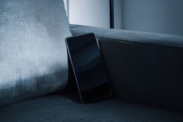 Smartphone resting on a small gray sofa in a cozy living room setting