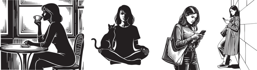 Stylish women enjoying coffee, pets, and technology in modern urban settings