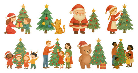 Fototapeta premium PNG Whimsical festive holiday illustrations, element set on transparent background