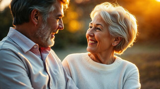 Senior couple smiling at each other shows love, intimacy, and connection in golden light. This senior couple represents lasting love, happiness, and shared joy in later life.