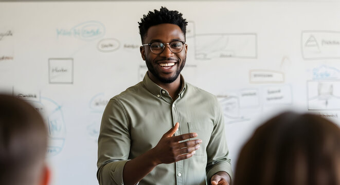 Confident African American man giving a presentation in a modern office whiteboard meeting teamwork collaboration success leadership