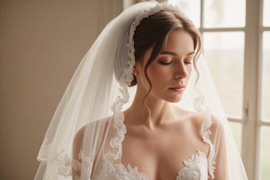 Braut in einem eleganten Hochzeitskleid mit Schleier, bereit f&uuml;r die Zeremonie