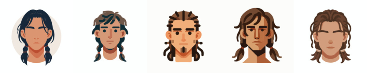 Vector avatar of a man's face with long hair tied in a ponytail, tanned skin, neutral expression