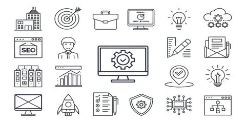 Line art business and technology icons set with computer, SEO, rocket, graph, light bulb, office, shield, and digital elements. Modern outline symbols for web, apps, marketing, and infographics.