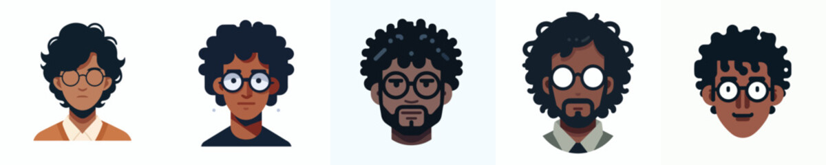 Vector Avatar of a dark-skinned man with medium curly hair, wearing round glasses