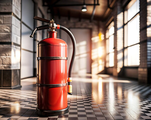 Red fire extinguisher in bright modern industrial hallway interior / Extintor rojo de fuego en pasillo industrial moderno luminoso