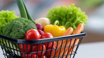 Fototapeta premium Vibrant shopping basket overflowing with fresh, healthy, organic vegetable and food. Colorful assortment of lettuce and broccoli perfect for nutritious vegetarian diet