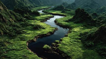 Aerial view of a winding river flowing through lush green mountains, symbolizing untouched nature, serenity, and scenic outdoor landscapes.

