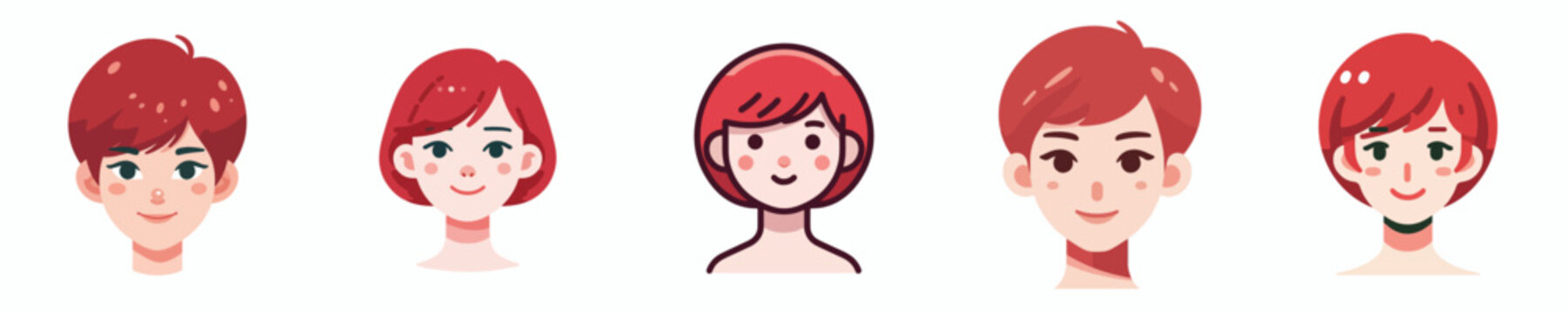 Vector Avatar of a woman's face with short red pixie hair, pale skin, small smiling expression