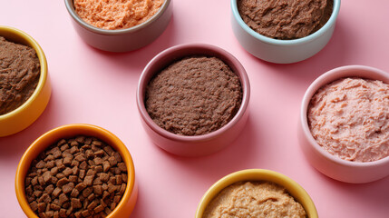 Flat lay variety and assortment of different wet and dry cat food in colorful bowl. This pet meal offers balanced nutrition and healthy diet choice for happy feline