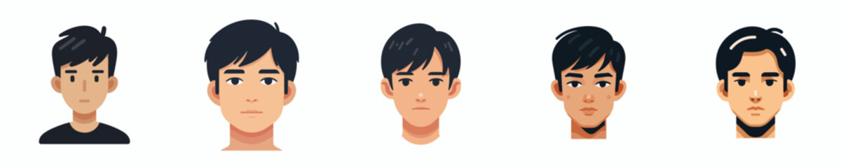 Vector Avatar of a young man's face with short, straight black hair, tanned skin, neutral expression