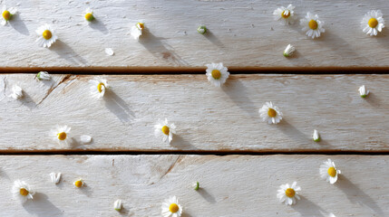 Serene top down view of gentle chamomile flower scattered on light rustic wood plank surface. This natural flat lay background evokes calm and peaceful feeling