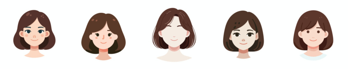 Vector Avatar of a woman's face with brown bob hair, white skin, gentle smiling expression