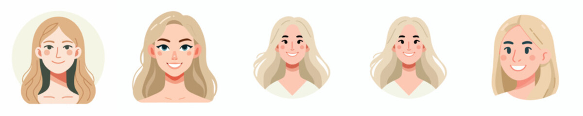 Vector Avatar of a woman's face with long blonde hair, pale skin, cheerful expression