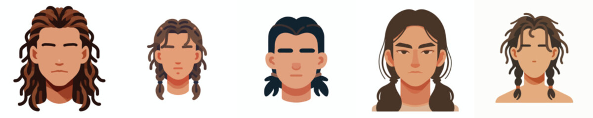 Vector avatar of a man's face with long hair tied in a ponytail, tanned skin, neutral expression