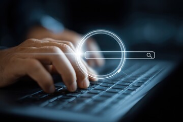 Man's hands are using a computer keyboard to Searching for information. 