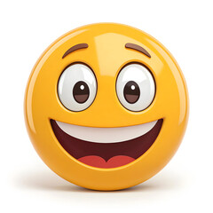 Fototapeta premium Yellow big smiling face emoji isolated on white background, expressing happiness, joy, positivity, friendliness