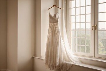 Elegantes Hochzeitskleid an einem Fenster, sanft in einem romantischen Ambiente gehangen