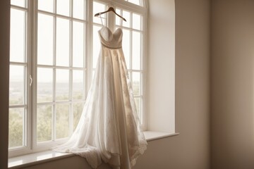 Elegantes Hochzeitskleid an einem Fenster, sanft in einem romantischen Ambiente gehangen