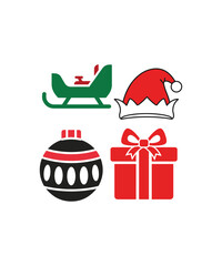 Christmas Icons: Santa Hat, Sleigh, Ornament, Gift box holiday xmas winter design vector illustration graphic clipart symbol
