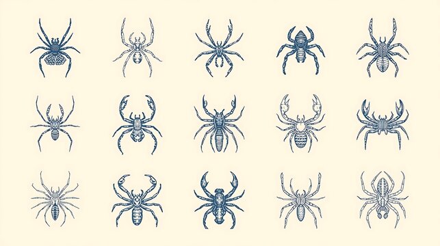 Minimalist illustration of spiders, hand drawn in blue ink. Includes spider, tarantula, black widow spider, scorpion, camel spider, scorpion, whip spider, whip scorpion and pseudoscorpion.