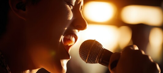 The passionate singer passionately performing with a microphone during sunset.