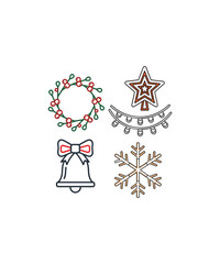 Christmas Icons: Wreath, Star, Lights, Bell, Snowflake holiday winter design decoration celebration festive symbol graphic vector