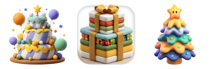 Colorful Cake, Gift Boxes, and Christmas Tree on Transparent Background