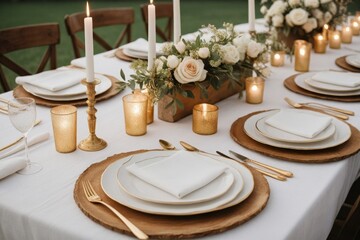 Eleganter Hochzeitstisch mit goldenen Akzenten und floralen Details