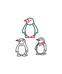 Three Line Art Penguins: One Colored, Two Black and White bird birds animal animals illustration vector graphic design cute winter