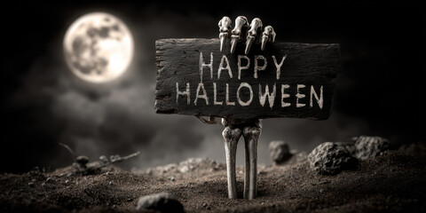 Celebrating Halloween with a spooky skeleton holding a sign on a dark night under a bright full moon