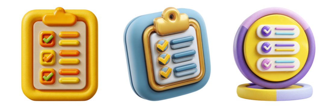 Colorful 3D Checklist Icons Set on Transparent Background