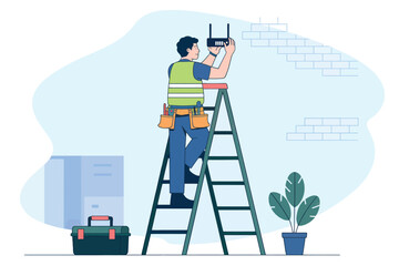 Skilled technician on ladder performing electrical maintenance work indoors with tools and plant