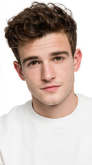 Fototapeta premium Young man with curly hair wearing a white sweater looking directly at the camera, captured against a plain background, displaying a confident expression