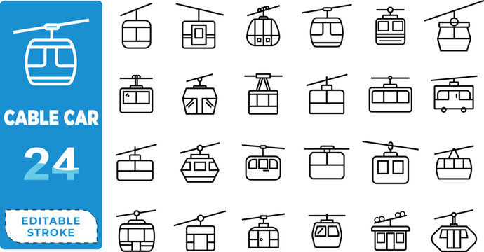 Cable car icon, gondola ski lift icon, ski lift vector, cableway outline symbol, gondola transport graphic, ski lift editable stroke, cable car flat icon transparent, ski lift gondola illustration, 