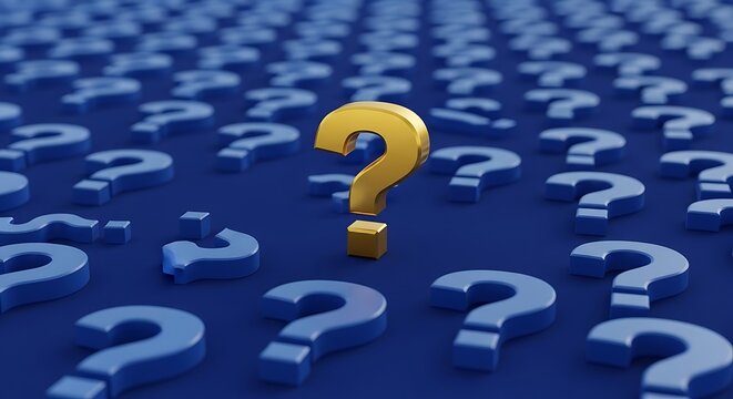 A single golden question mark stands prominently among numerous blue versions representing a unique solution that emerges from a vast field of inquiries to help find answers for complex