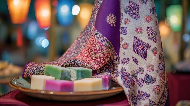 Hari Raya or festival celebration concept with batik scarf and kuih, festive lantern bokeh, ample copy space
