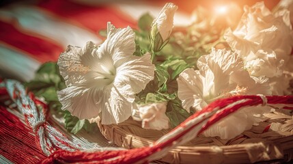 Close-up of hibiscus flowers with sunlight filtering through petals and leaves, creating warm light and texture