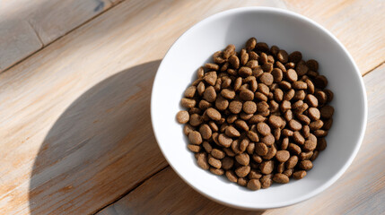 Fototapeta premium Healthy dry dog food kibble in white bowl. simple pet food meal with good nutrition placed on natural wood surface in bright sunlight