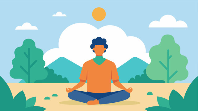 A picture of a person practicing mindfulness while surrounded by nature highlighting the benefits of spending time outdoors for stress reduction and improved brain function.. Vector illustration