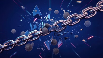 A metallic chain breaks apart, shards of a broken object explode outwards on a dark background with vibrant neon lines
