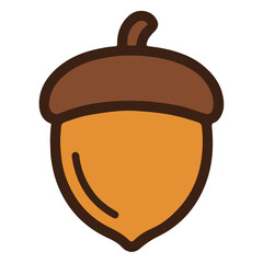 A stylized illustration of an acorn, featuring a brown cap and an orange body, outlined in dark brown.