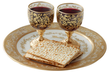  genteel porcelain matzah and two glasses of wine on the gold plate, isolated