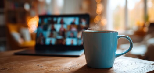 The Blue Mug on a Wooden Table in a Cozy Home Office During Online Meeting