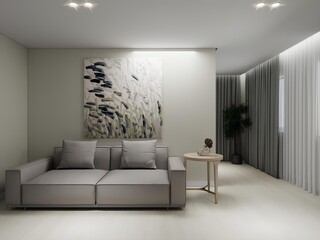 Modern living space with a sleek gray sofa, round wooden side table, abstract wall art, soft curtains, and indoor plant, creating a minimalist and stylish atmosphere