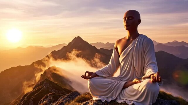 Zen master meditating on majestic mountain peak at sunrise, finding inner peace and spiritual awakening in serene natural landscape setting