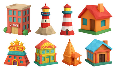 PNG Colorful 3D miniature buildings, element set on transparent background