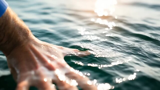 Close-up of a hand touching calm water, creating ripples with sunlight reflections.