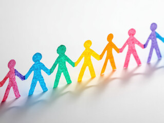 Colorful paper cutouts of people holding hands in a chain represent unity and diversity in a creative way on a white background